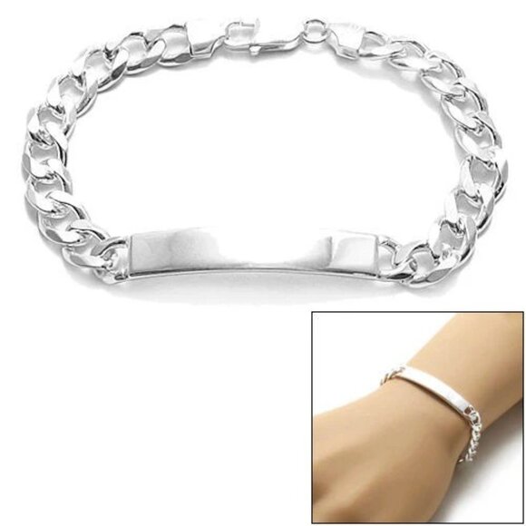 HANDSOME 8MM (220 GAUGE) STERLING SILVER CUBAN LINK ID BRACELET ENGRAVABLE PLATE - Picture 1 of 3